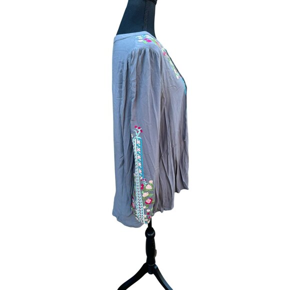 Andrée By Unit Embroidered Lace-Up Tunic Boho Mexican Tunic Top Gray Floral L - Picture 4 of 11